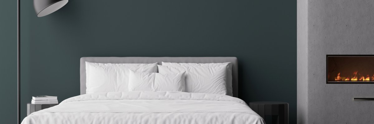 Interior mock up, loft style. Empty dark wall in modern bedroom. Copy space for your artwork, picture, poster. Industrial style interior design. Apartment or hotel room with fireplace. 3D render. Interior mock up, loft style. Empty dark wall in modern bedroom. Copy space for your artwork, picture, poster. Industrial style interior design. Apartment or hotel room with fireplace. 3D render.